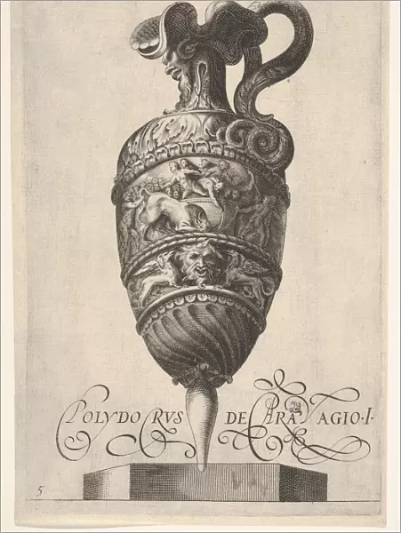 Vessel with grotesque masks, griffins, and a frieze populated by a bull and men in