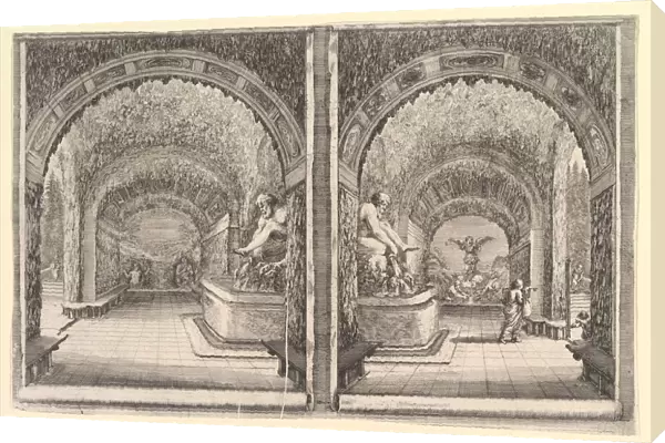 Two views of a grotto, both views with a fountain with a seated statue, seen from the