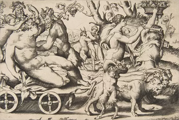 Triumph of Bacchus who is seated on a carriage at left, 1531-76. Creator: Giulio Bonasone