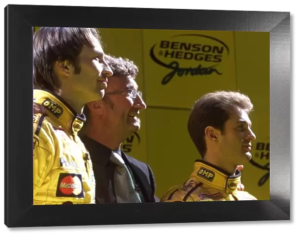 Heinz-Harald Frentzen, Eddie Jordan and Jarno Trulli Jordan EJ10 Launch, London