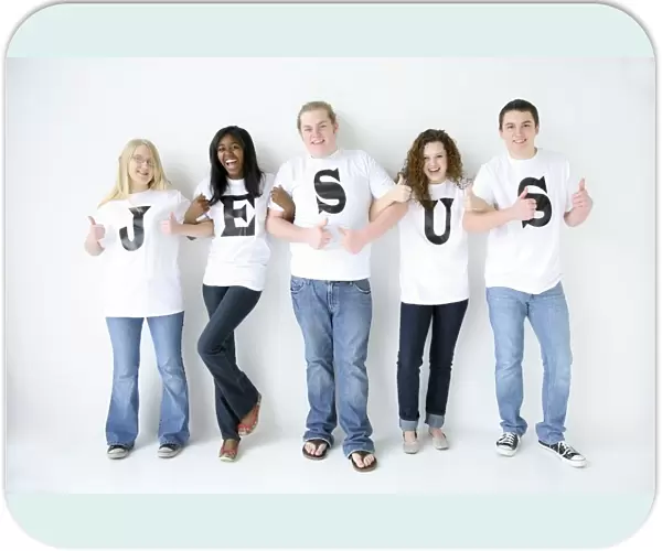 Five Teenagers With T-Shirts Spelling Jesus
