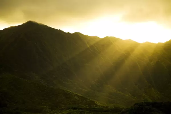 USA, Hawaii, Sunlight over Ko olau Mountains and Kualoa Ranch; Oahu