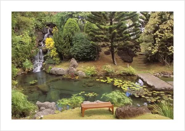 Hawaii, Kauai, Kilauea, Na Aina Kai Botanical Garden, Scenery Peaceful Waterfall And Pond