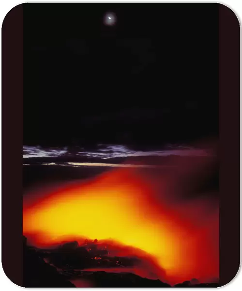 Hawaii, Big Island, Kilauea Volcano, Lava Meets The Sea Moon In Sky