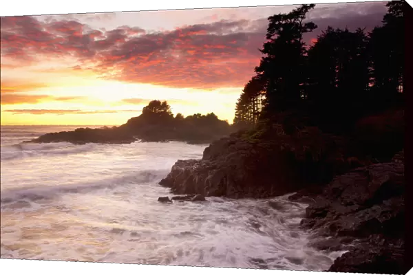 Waves At Cox Bay And Sunset Point At Sunset Near Tofino; British Columbia, Canada