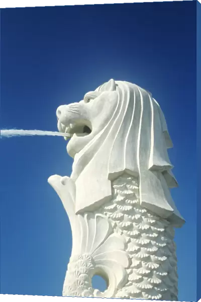 Close up of famous Merlion Fountain; Singapore