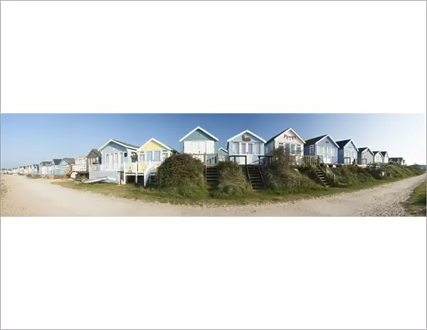 UK, Panoramic view of beach huts; Dorset