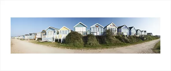 UK, Panoramic view of beach huts; Dorset