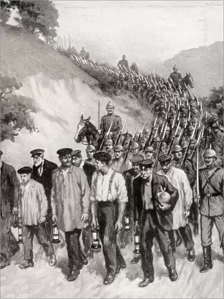 Belgian Miners Captured By The Germans Near Charleroi, Belgium And Made To March At The Head Of The Column, Which Was Entering The Town, Thereby Using Them As A Human Shield, During Wwi. From The War Illustrated Album Deluxe, Published 1915