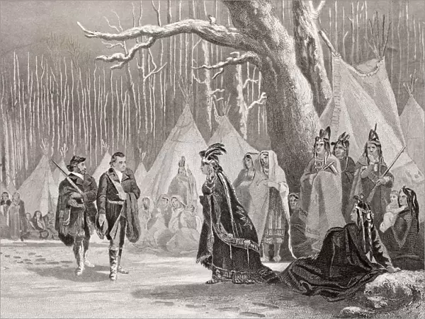 Washington And Gist Visit Indian Queen Alliquippa. George Washington 1732 - 1799. First President Of The United States Of America. Christopher Gist 1706 - 1759. American Explorer. Queen Alliquippa Died 1754. A Leader Of The Seneca Tribe Of Indians. From The Book Gallery Of Historical Portraits Published C. 1880