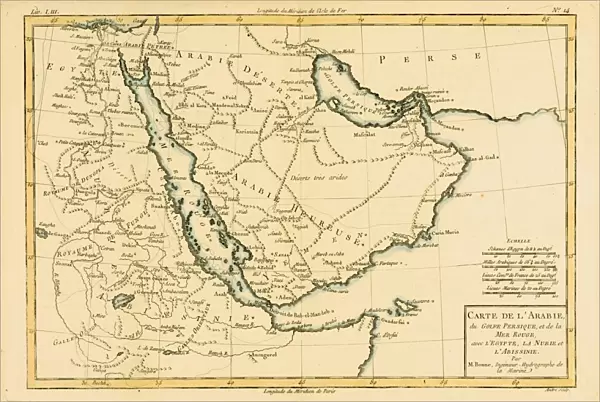 Map Of Arabia, The Persian Gulf And The Red Sea, Circa. 1760. From 'Atlas De Toutes Les Parties Connues Du Globe Terrestre 'By Cartographer Rigobert Bonne. Published Geneva Circa. 1760