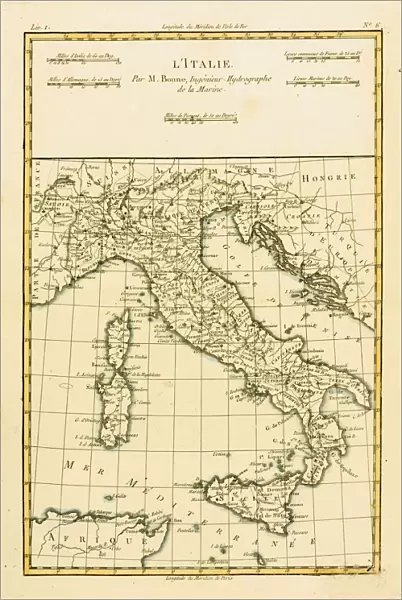 Map Of Italy, Circa. 1760. From 'Atlas De Toutes Les Parties Connues Du Globe Terrestre 'By Cartographer Rigobert Bonne. Published Geneva Circa. 1760