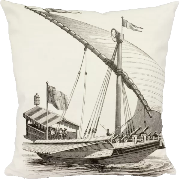 Pontifical Galley With Sails, Oars And Heavy Artillery. It Is Flying The Papal Flag. After A Drawing By Breugal The Elder. From Military And Religious Life In The Middle Ages By Paul Lacroix Published London Circa 1880