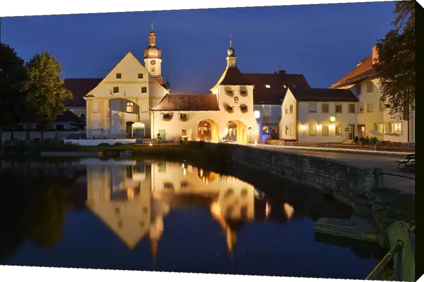 Reflection of Building Architecture in Pond during the Blue Hour, Allersberg, Upper Palatinate, Bavaria, Germany