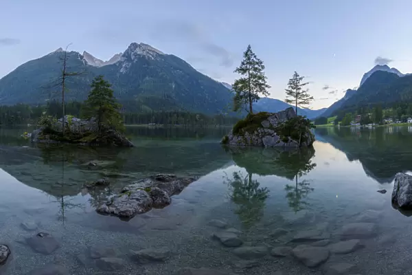 Lake Hintersee with mountains at dawn at Ramsau in the Berchtesgaden National Park in Upper Bavaria, Bavaria, Germany