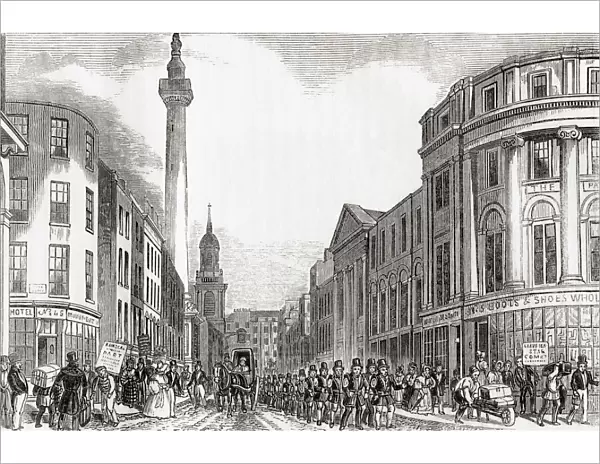 Old Fish Street Hill and the Monument to the Great Fire with members of the London Fire Brigade, London, England, 19th century. From Old England: A Pictorial Museum, published 1847