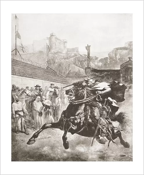 Pedro II of Aragon arriving for a proposed duel with Charles of Anjou in 1283 to bring to a rapid end The War of the Sicilian Vespers or War of the Vespers. The duel never actually took place as Pedro arrived early and finding nobody there forced a notary to record the absence, and therefore defeat, of the enemy, likewise Charles arriving later also found nobody there and declared his victory. From Ilustracion Artistica, published 1887