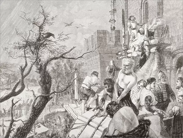 The building of the new castle on the Tyne, 1080. In 1080 William I sent his eldest son, Robert Curthose, north to defend the kingdom against the Scots, he then moved to Monkchester and began the building of a New Castle. From The Illustrated London News, published 1865