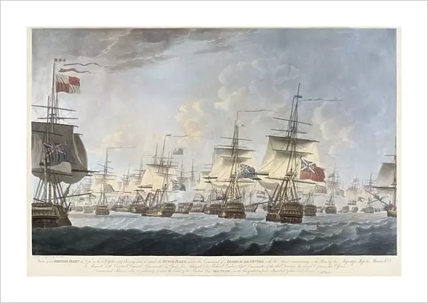 The Battle of Camperdown, Kamperduin in Dutch, 11 October 1797. The British North Sea Fleet under Admiral Adam Duncan bears down on the Batavian Navy fleet under Vice-Admiral Jan de Winter. After a print published in 1798