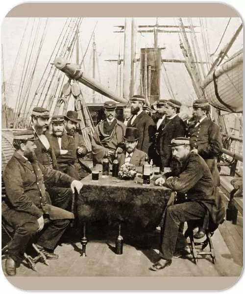 Historic image in sepia of a captain, crew and passengers on the deck of a steamboat, Victorian era