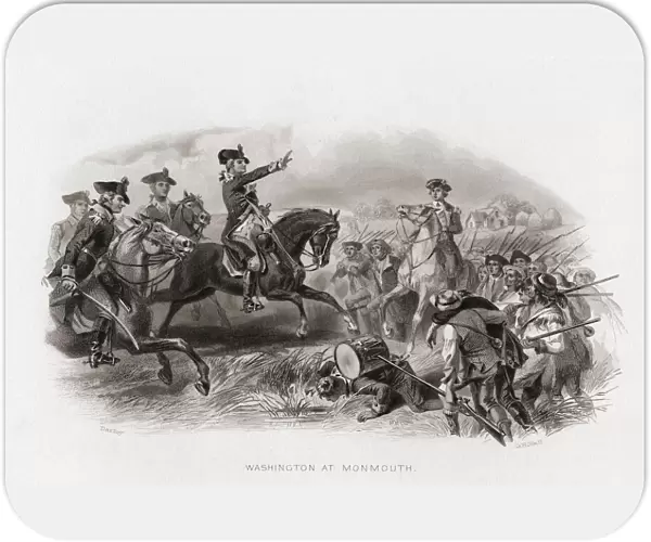 George Washington at the Battle of Monmouth, also known as the Battle of Monmouth Court House, June 28, 1778. After an 1858 engraving by G. R. Hall from a work by Felix Octavius Carr Darley