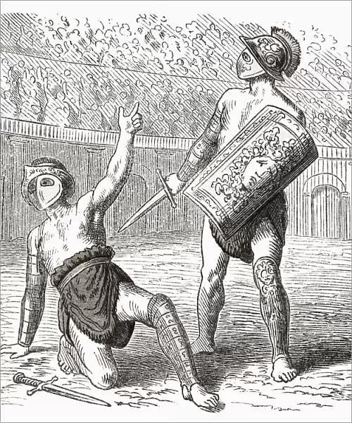 Defeated gladiator appeals to crowd for mercy. After a mid-19th century illustration by an unidentified artist; Illustration