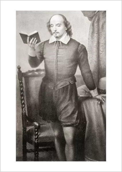 Shakespeare reading. William Shakespeare, bapt. 26 April 1564 - 1616. English playwright, poet, and actor. After a 19th century engraving from a painting by American artist William Page; Illustration