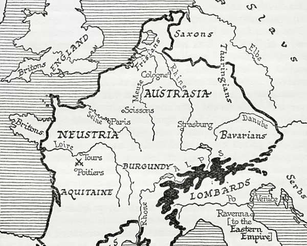 Map showing the area more or less under Frankish dominion in the time of Charles Martel, 8th century. From A Short History of the World, published c. 1936