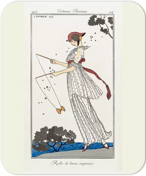 Robe de linon imprime. Printed lawn dress. Print from the high fashion magazine Journal des Dames et des Modes, published from June 1, 1912 to August 1, 1914. After a work by French illustrator George Barbier, 1882 - 1932