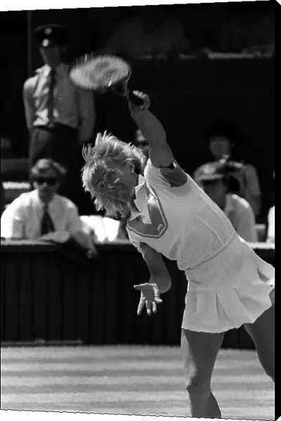 Martina Navratilova serves during the Wimbledon ladies final against Chris Evert Lloyd