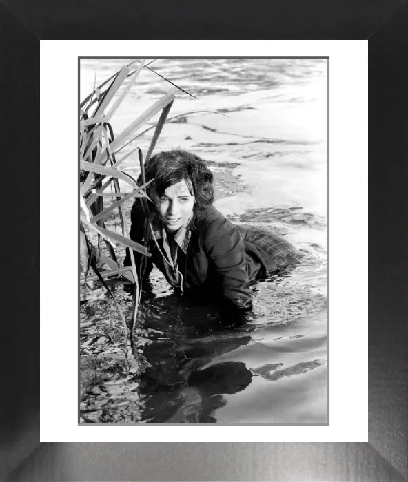 Framed Print : Black and white print of Cyd Hayman in the river during filming Framed Print : Black and white print of Cyd Hayman in the river during filming