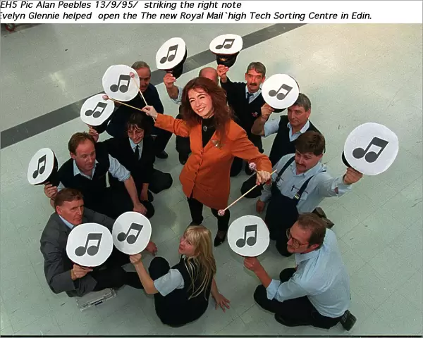 Evelyn Glennie with Royal Mail workers - new high tech sorting centre Edinburgh