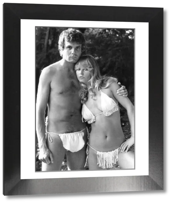 Framed Print : Fashion - Beachwear Print: A woman in a fringed bikini with cheeky side ties and gold-coloured bead trim