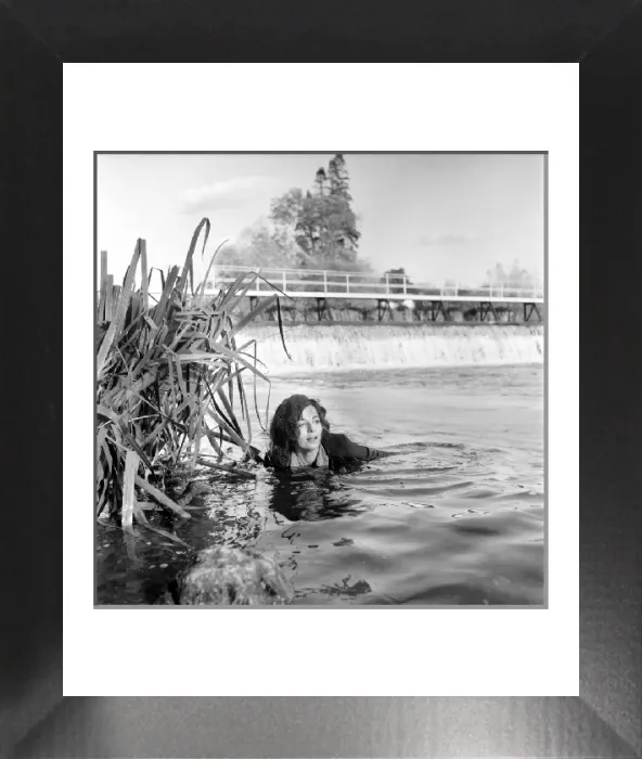 Framed Print : Black and white print of Cyd Hayman in the river during filming Framed Print : Black and white print of Cyd Hayman in the river during filming