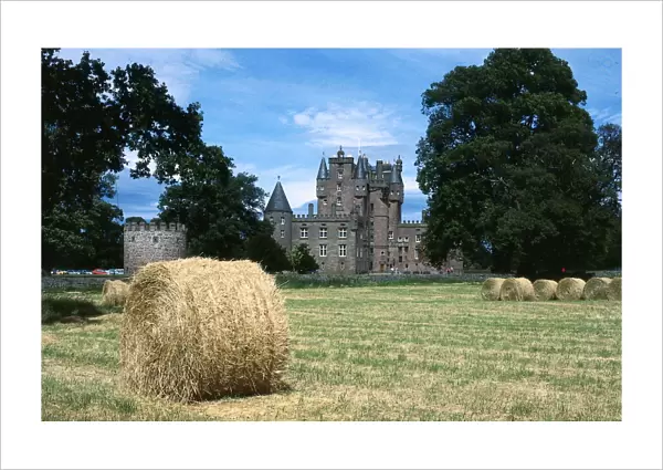 Haymaking at Glamis Castle Fife Scotland July 1984 Hay bails in field