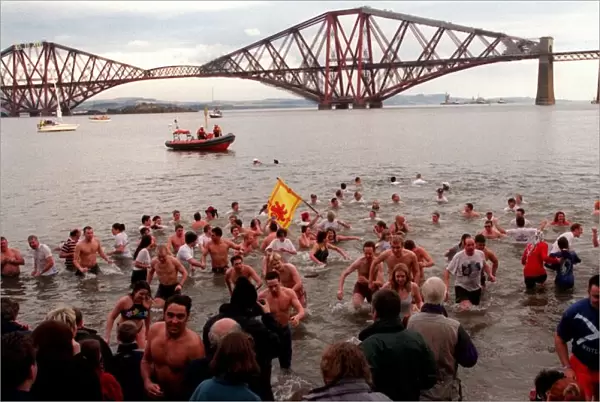 Traditional New year dip January 1999 in the waters off South Queensferry