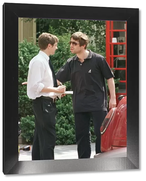 Liam Gallagher singer with Oasis July 1997. has a discussion with a Mirror journalist