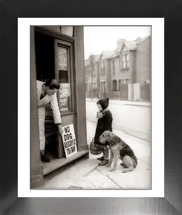 Framed Print : Little Girl and Dog Outside Corner Shop, March 1942 Print Framed Print : Little Girl and Dog Outside Corner Shop, March 1942 Print
