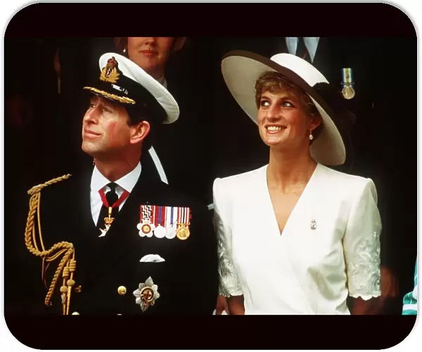 The Prince and Princess of Wales watch a flypast during the Gulf War celebrations at