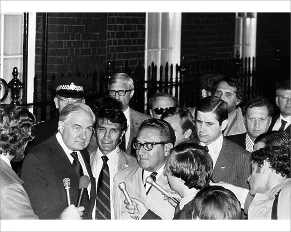 James Callaghan Prime Minister with Henry Kissinger outside 10 Downing Street surrounded