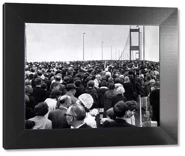 Crowds flock onto the Severn Bridge during its opening. The first Severn Bridge was