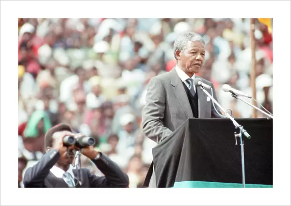 African National Congress (ANC) member Nelson Mandela adresses a rally attended by over