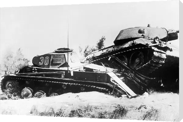 One of three German panzer tanks (left) crushed by Captain Kukushkin