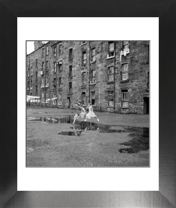Framed Print : Three Young Friends Leap Over a Puddle Print, Glasgow 1956 Framed Print : Three Young Friends Leap Over a Puddle Print, Glasgow 1956