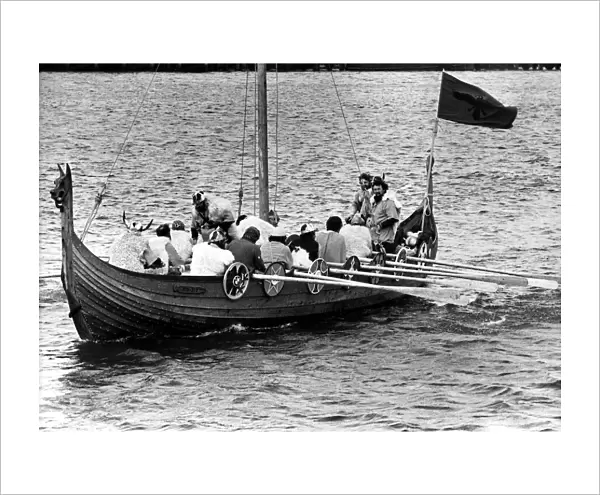 A Viking long boat arriving in Blyth Harbour on 22nd July 1980
