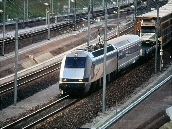 Le Shuttle from the Channel Tunnel at Sangatte near Calais France Circa 1992