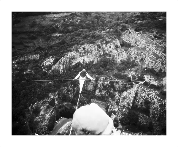 Highwire walker Rudi Omankowsky, crossed the 320 yards of the Cheddar Gorge blindfolded