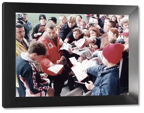 Middlesbrough player Juninho is mobbed by fans at the Riverside Stadium before