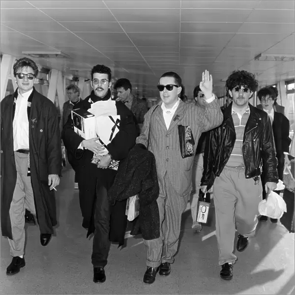 Arrival of pop group Frankie Goes to Hollywood at London Airport from Los Angeles