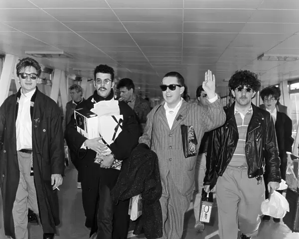 Arrival of pop group Frankie Goes to Hollywood at London Airport from Los Angeles